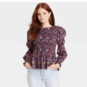 Universal thread XL top peplum smocked floral keyhole ruffle boho peasant blouse